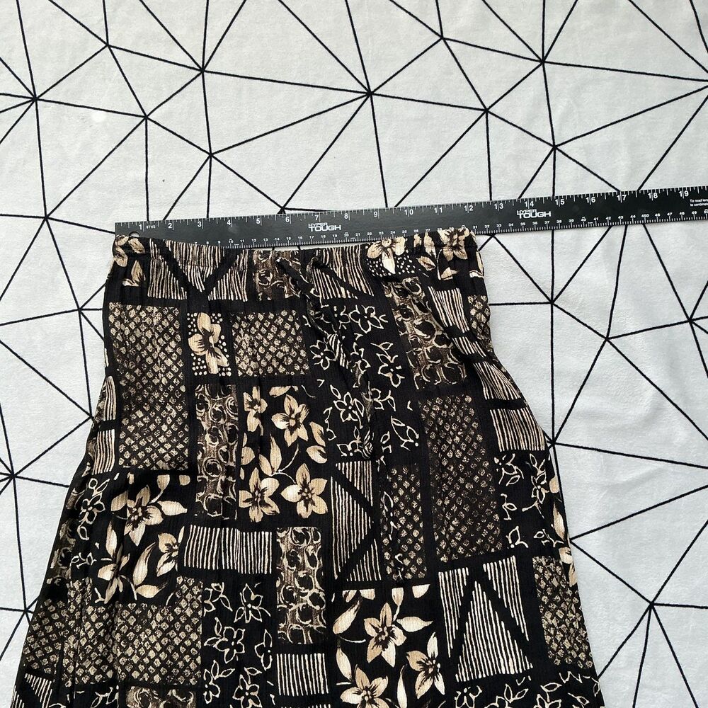 90s Boho Maxi Skirt PM Black Tan Patchwork Print Wood Bead Trim Rayon - Picture 4 of 5